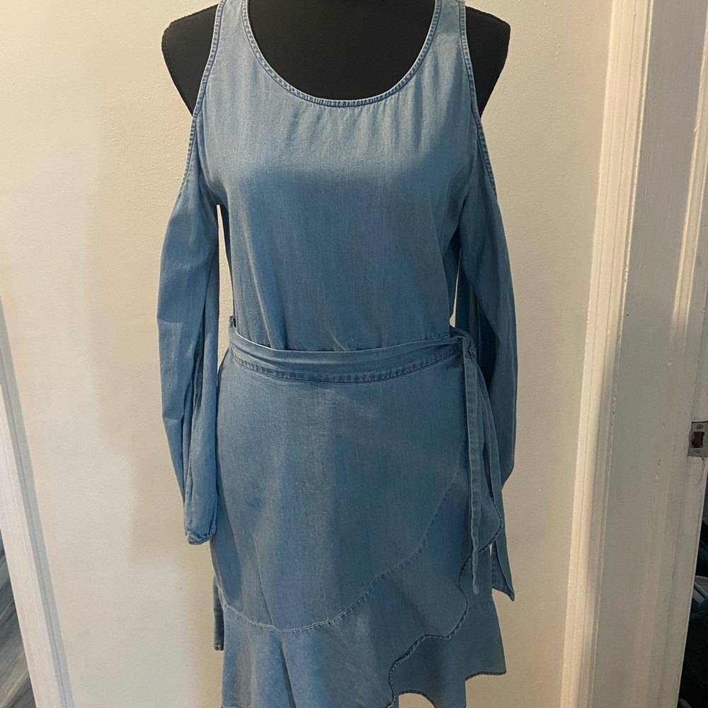 Chambray cold shoulder wrap dress